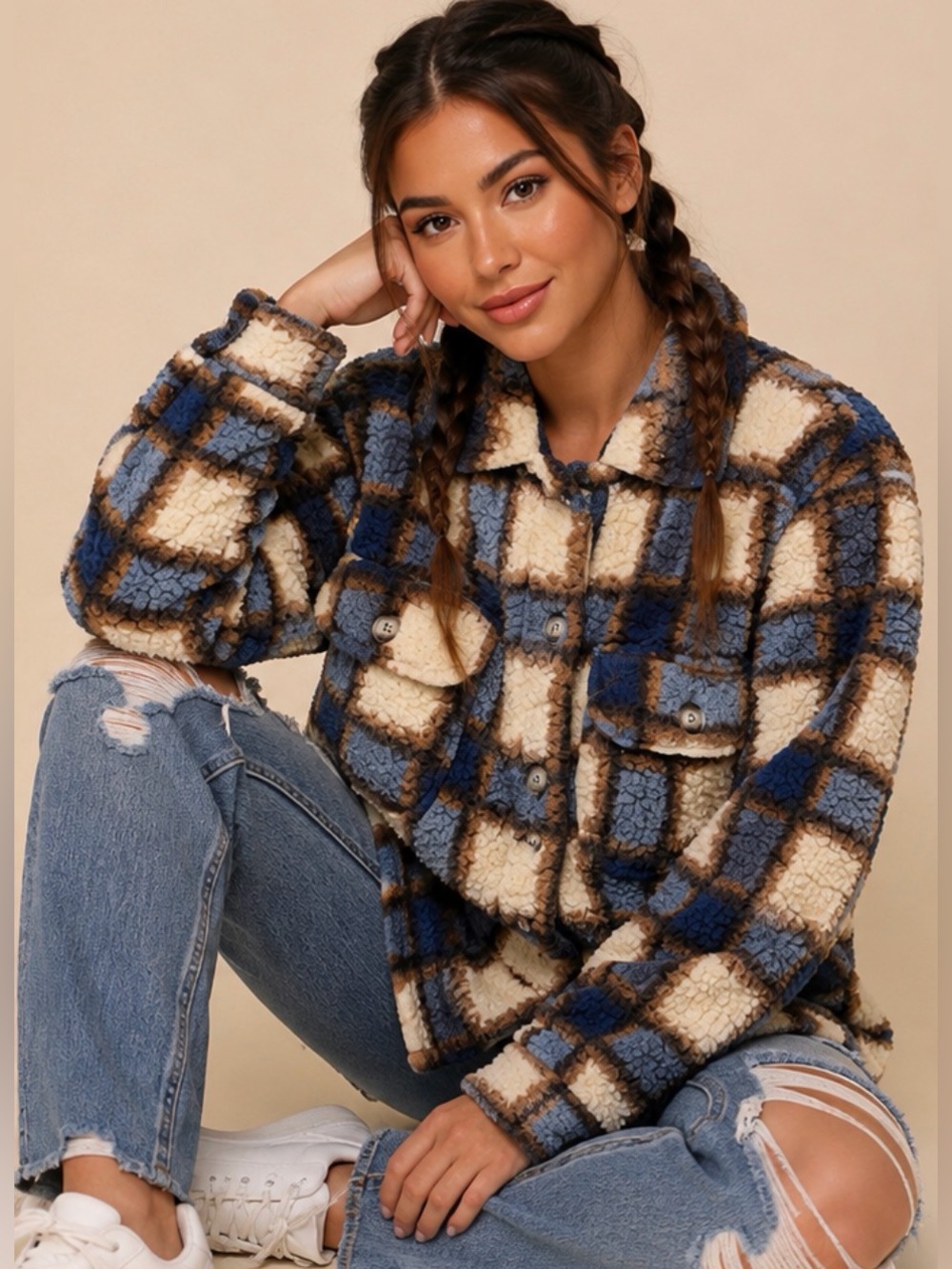 Absolutely Famous Blue & Brown Plaid Sherpa Fleece Shacket - Womens Size XL